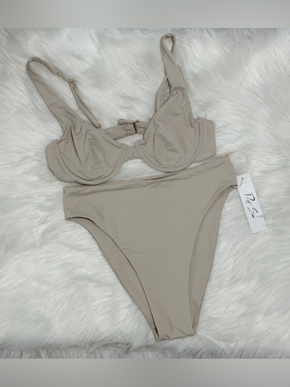 NWT Riot Swim Cream Beige Underwire Top Highwaist Bikini 2 Piece Set- Size Small